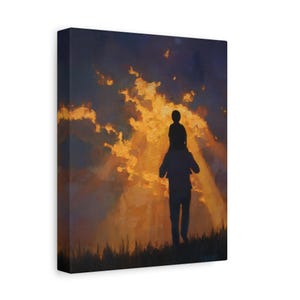 May include: Canvas art print depicting a silhouette of a person carrying a child on their shoulders against a vibrant sunset. The artwork features warm orange and yellow hues, with dark blue and black accents, creating a dramatic and emotional scene.
