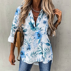 Light Blue Floral - Cropped hem shirt
