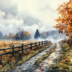 Könnte beinhalten: Ein Aquarellbild einer nebligen Herbstszene mit einem Feldweg, der durch ein Feld führt. Der Weg ist mit einem Holzzaun gesäumt und es liegen Herbstblätter auf dem Boden. Ein großer oranger Baum steht rechts am Wegrand.