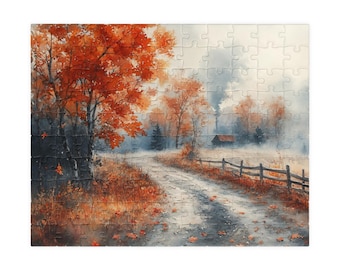 May include: A watercolour painting depicting a country lane meandering through a misty woodland in autumn. The trees are a vibrant orange and red, and the lane is bordered by a wooden fence. A small cottage can be seen in the distance.