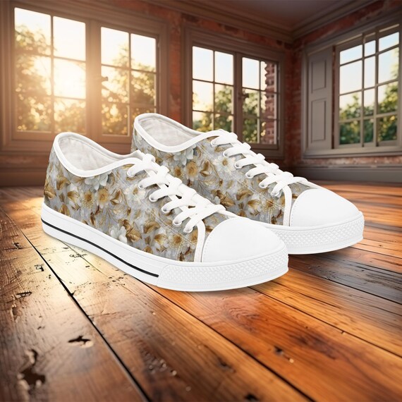 Floral Print Low Top Sneakers: White Flowers Gold Leaves - Main Image