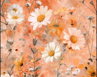 Fabric Featuring Soft Peach Color Daisies and Wildflowers Floral Pattern for Spring, Combed Cotton Pima, Textile Art, Stylish Accent