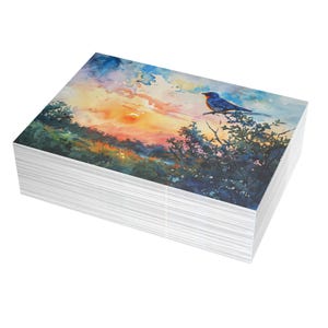 Canto de las Alondras Cuatro al Atardecer Acuarela, Paquetes de Postales (sobres incluidos) Personalizables