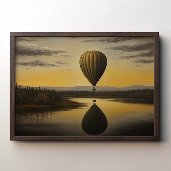 Vintage Hot Air Balloon Over Lake at Sunset - Atmospheric Forest & Mountain Landscape - Digital File Download for Printable Wall Art