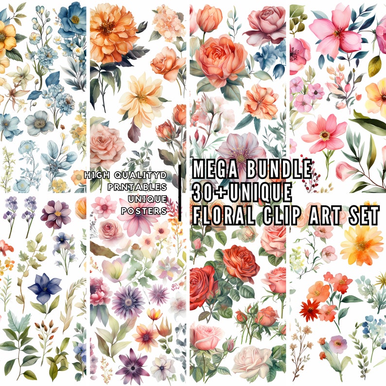 Wild Floral Clipart Mega SET Watercolor Flowers Floral - Etsy