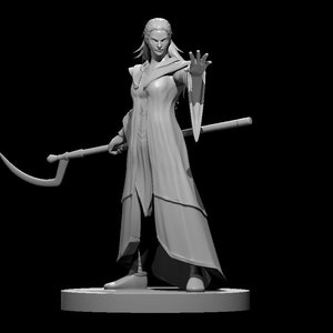 May include: A gray painted figurine of a female character wearing a long robe and holding a curved staff. The character has long hair and is posed in a dramatic stance.