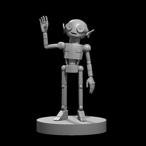 May include: A gray, articulated robot figure with a round head, large eyes, and small ears. The robot is standing on a circular base and has one arm raised in a waving gesture. The background is black.