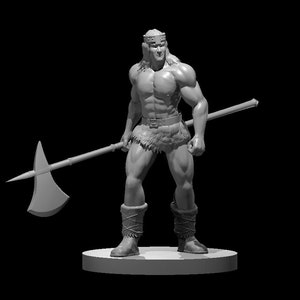 May include: A gray, detailed miniature figurine of a muscular warrior wearing a fur loincloth and a headband. The warrior holds a large axe with a sharp point and a wide blade.