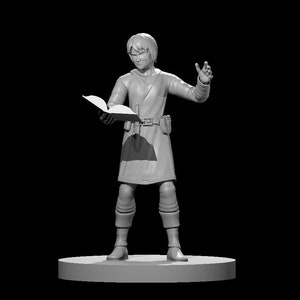 May include: A gray painted miniature figurine of a person holding an open book and gesturing with their right hand. The figurine is wearing a long robe with a belt and is standing on a round base.
