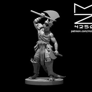 May include: A grey, detailed miniature figurine of a humanoid creature with reptilian features, holding a large axe above its head. The creature is wearing a loincloth and has a necklace with beads. The figurine is standing on a round base.