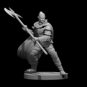 May include: A gray figurine of a warrior elf, posed with a battle axe. The figure is clad in detailed armor and a cape, with a focused expression. The figurine is standing on a circular base.