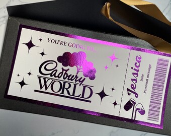 Cadbury World Ticket | Chocolate Factory | Printed Tickets | Family | Personalised | Purple Foil | Birthday | Valentine's day