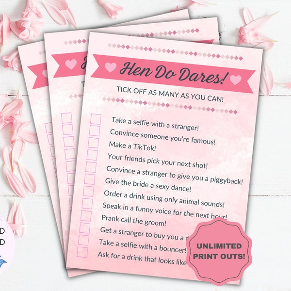 Hen Party Dares Digital Download | Unlimited Copies | Wedding | Party Games | Hen do | Stag Do | Ice Breaker