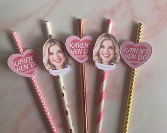 Personalised Hen Do Straws | Photo Topper | Heart | Bride | Bride to Be | Hen Party | Bachelorette | Wedding | Engaged | Bridesmaid