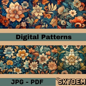 Puede incluir: Cuatro patrones florales digitales en un diseño repetitivo. Los patrones presentan una variedad de flores en tonos naranja, amarillo, blanco y azul sobre un fondo azul oscuro. El texto "Digital Patterns" se muestra en el centro de la imagen. El texto "JPG - PDF" se muestra en la parte inferior izquierda de la imagen. El texto "SKYDEM" se muestra en la parte inferior derecha de la imagen.
