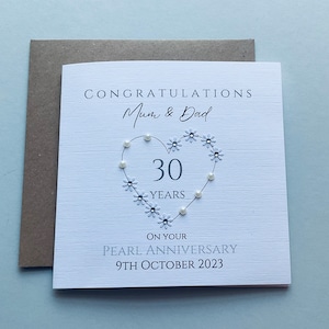 Pearl Anniversary Card,30th Anniversary, Pearl Anniversary card for Mum & Dad, Personalised Anniversary card, Pearl Wedding Anniversary gift