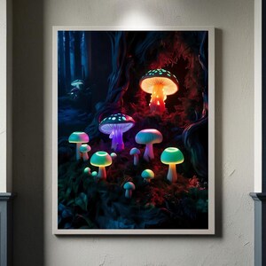 Bioluminescent Printable Wall Art, Enchanted Woodland Mushrooms, Magical Forest Print, Whimsical Digital Decor Download