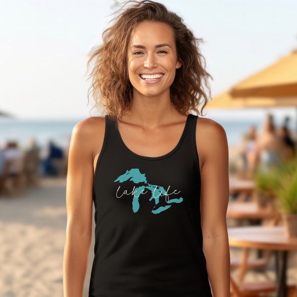 Embrace the Serenity of Lake Life with Our Great Lakes Graphic Jersey Tank Top | Summer Vibes Collection