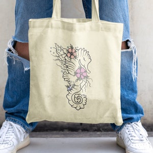 Süßes Seepferdchen mit Blumen Canvas Einkaufstasche, Strandtasche, Pooltasche, Tragetasche, Reisetasche, Urlaubstasche, süße Sommertasche, Einkaufstasche, Natur