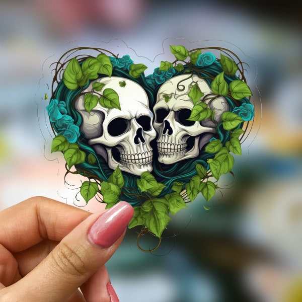 Skull Couple with Vines Sticker, Heart Design 2 Skulls Sticker,  Skull Decal, Gothic Skull Sticker, Cool Skull Sticker, Kiss Cut Sticker