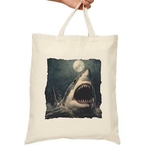 Moonlight Shark Tote Bag, Shark Tote, Shark and Moon Tote Bag, Shark Lover Gift, Cotton Canvas Tote Bag 15&quot; X 16&quot;, Natural Color