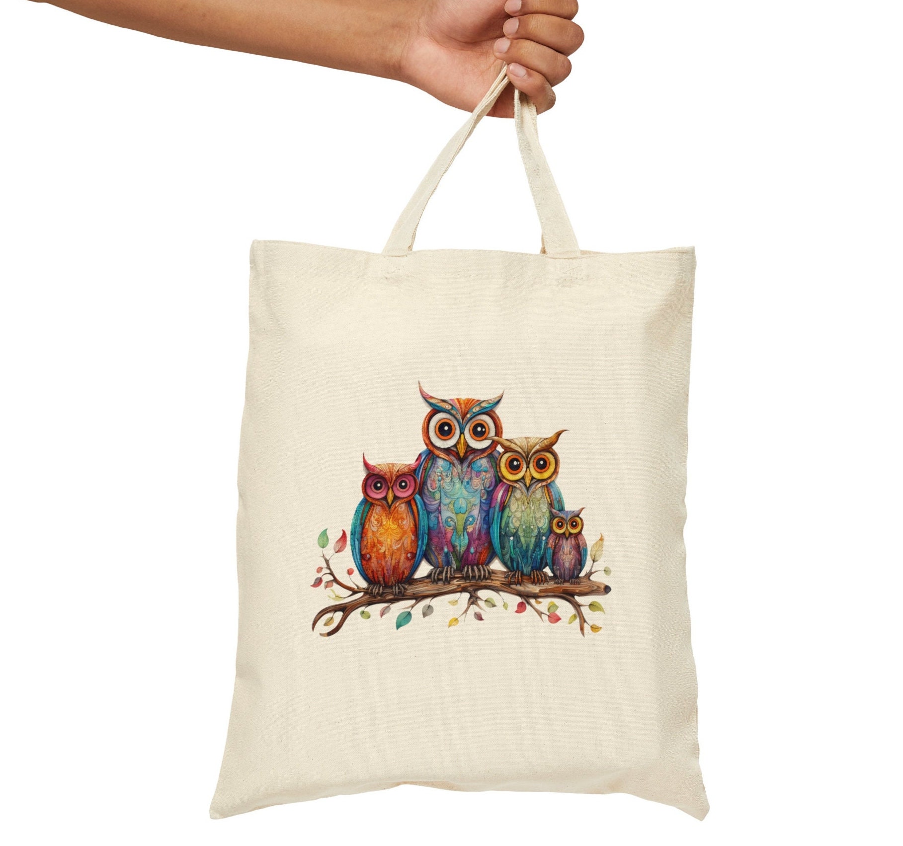 Cute Family of Owls On a Branch Tote Bag, Colorful Owls, Canvas Tote, Owls Family, Owl Lover Gift, B