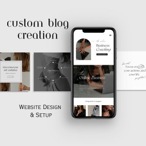 May include: A phone screen displaying a website for online business coaching. The website features a black and white photo of a woman working on a laptop, along with text that reads "The Online Business" and "Business Coaching".