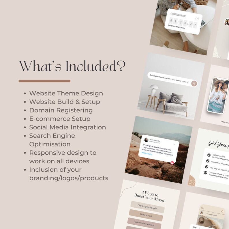 May include: A promotional image with the text "What's Included?" listing website design, e-commerce setup, social media integration, and search engine optimization. Additional images show website mockups and social media posts.