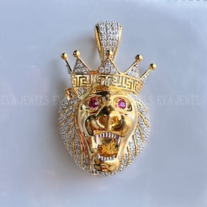 Men's King Lion Charm Pendant 2Ct Round Cut Ruby & Diamond Charm Pendant 14k Yellow Gold Over925 Sterling Silver Men's Jewelry Without Chain