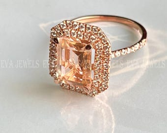14k Rose Gold Over Emerald Cut Peach Morganite Halo Engagement Ring 2.40Ct Women's Double Halo Wedding Engagement Ring 925 Sterling Silver