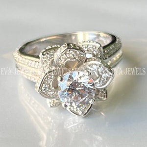 3 Ct Round Cut White Diamond Flower Engagement Ring 14k White Gold Over 925 Sterling Silver, Engagement Ring