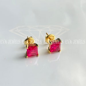 2 Ct Princess Cut Red Ruby Solitaire Stud Earrings 14k Yellow Gold Over 925 Silver, Stud Earrings