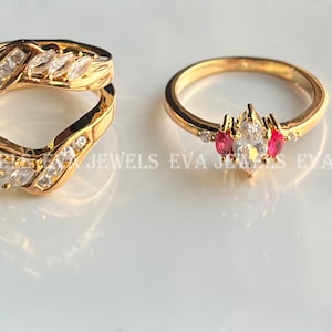 925 Silver Marquise Cut Ring Enhancer Guard Band Ruby White Diamond Band, Anniversary, Wedding, Engagement Ring Set 14k Yellow Gold Over