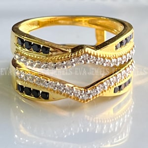 14k Yellow Gold Over Enhancer Guard Band Round Cut Black & White Diamond Anniversary Ring, 1.50Ct Engagement Wrap Ring 925 Sterling Silver