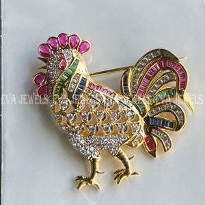 925 Sterling Silver Women&#39;s Brooch Pin 2.74Ct Ruby, Emerald & Sapphire Cluster Rooster Chicken 14K Yellow Gold Finish