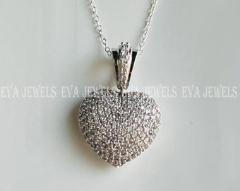 Women's 1.50 CT Round Cut Moissanite  Diamond Cluster Heart Pendant 14k White Gold Over 925 Silver, Heart Love Pendant 18" Necklace