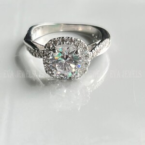 Engagement Ring, 14k White Gold Over 2 Ct Round Cut White Diamond Halo Ring, 925 Sterling Silver Jewelry