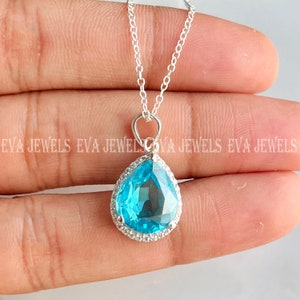 3 Kt Blautopas Halo Anhänger Halskette 14k Weißgold Finish 925 Sterling Silber, Halo Anhänger