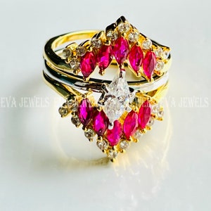 925 Silver Ring Band Sets Marquise Cut Ruby White Diamond Ring Enhancer Guard Band Anniversary Engagement Ring Set 14k Yellow Gold Over