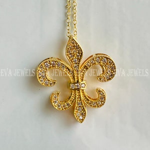 Ciondolo Fleur-de-lis con diamante CZ a taglio rotondo da donna in oro giallo 14k da oltre 1,50 ct con catena, regalo per la festa della mamma, argento 925,