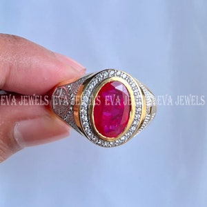 14k Two Tone Gold Over 925 Silver 3 Ct Oval Cut Red Ruby Cross Bishop Men&#39;s Ring, Wedding Ring
