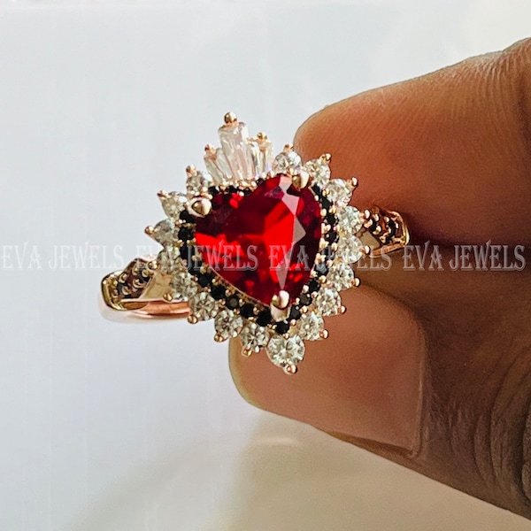 2.25 Heart Cut Red Garnet, CZ White & Black Diamond Heart Halo Ring Women's Wedding Engagement Ring 14k Rose Gold Over 925 Silver