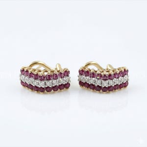Red Ruby Huggie Hoop Earrings, Women's 14K Gold Plated Clip-On Diamond Earring