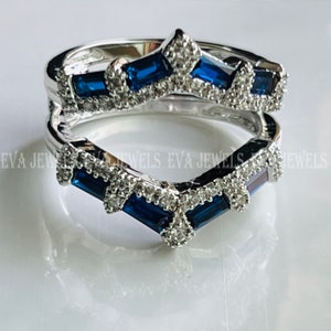 Baguette Cut Blue Sapphire Enhancer Women's Band 1CT Enhancer Ring, 14K White Gold Over Guard Band, Women's Anniversary Ring, Enhancer Band