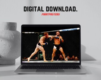 May include: A laptop displays a digital download image of a mixed martial arts fight. The image shows two fighters in a cage, one throwing a punch. The text "DIGITAL DOWNLOAD" and "FIGHTPOSTERS" are displayed above the laptop screen.