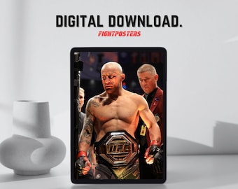 May include: Digital download poster featuring a UFC champion with a championship belt. The image shows a bald athlete with tattoos, wearing black gloves, and a gold and black belt. The text "DIGITAL DOWNLOAD" and "FIGHTPOSTERS" are at the top.