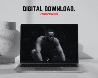 May include: A laptop displays a black and white image of a muscular person in a fighting stance. The screen is labeled "DIGITAL DOWNLOAD." and "FIGHTPOSTERS."