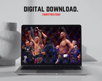 May include: A laptop displays a vibrant image of a mixed martial arts fight, with a victorious fighter raising his arms. The screen is set against a white background, with the text "DIGITAL DOWNLOAD." and "FIGHTPOSTERS" in red.