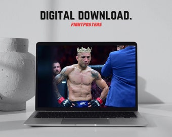 May include: A laptop displays a digital download poster of a mixed martial arts fighter wearing a crown. The fighter is shirtless, wearing black and red gloves, and has tattoos. The text "DIGITAL DOWNLOAD" and "FIGHTPOSTERS" are visible.