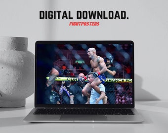 May include: A laptop displays a digital download of a mixed martial arts fight scene. The screen shows two shirtless fighters in a cage, with the text "DIGITAL DOWNLOAD." and "FIGHTPOSTERS" in red.